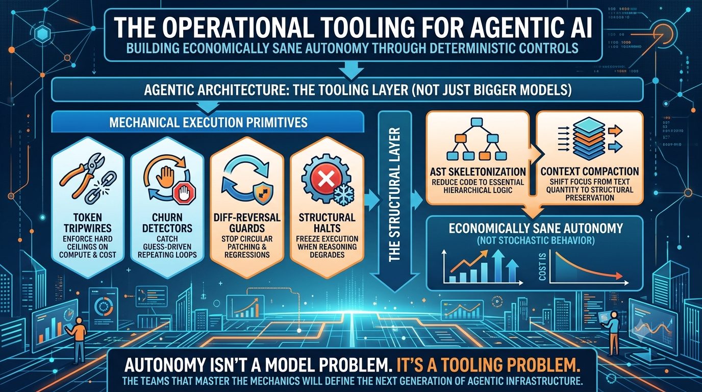 Infographic titled The Operational Tooling for Agentic AI. Four mechanical execution primitives (token tripwires, churn detectors, diff-reversal guards, structural halts) feed a structural layer of AST skeletonization and context compaction, leading to economically sane autonomy. Caption: autonomy isn't a model problem, it's a tooling problem.